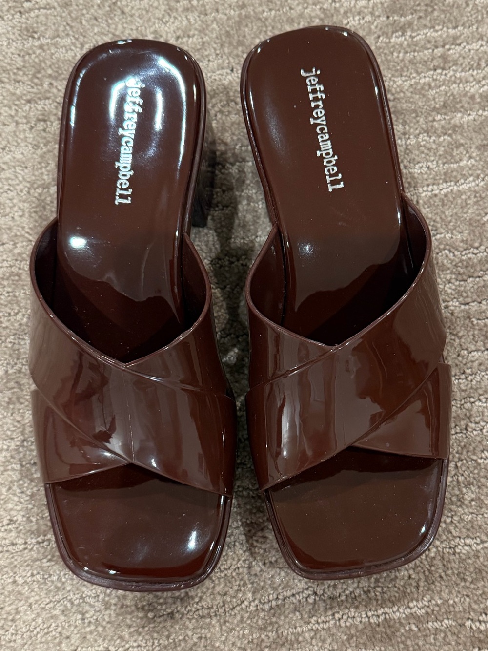 Jeffrey Campbell Glossy Dark Brown Crisscross Jelly Slide Mules